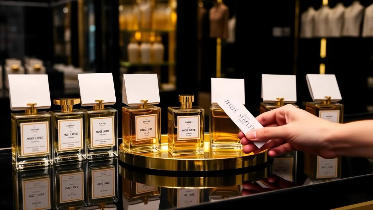 Perfume testers and blotter strips on a black boutique counter