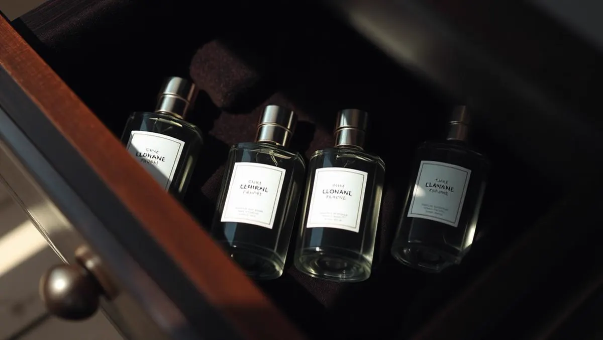 Perfume bottles stored inside a velvet lined wooden drawer