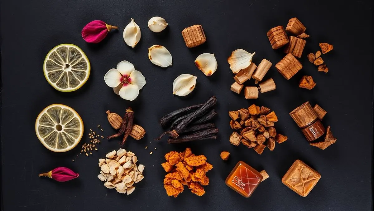 Flat lay of perfume raw materials arranged on dark slate