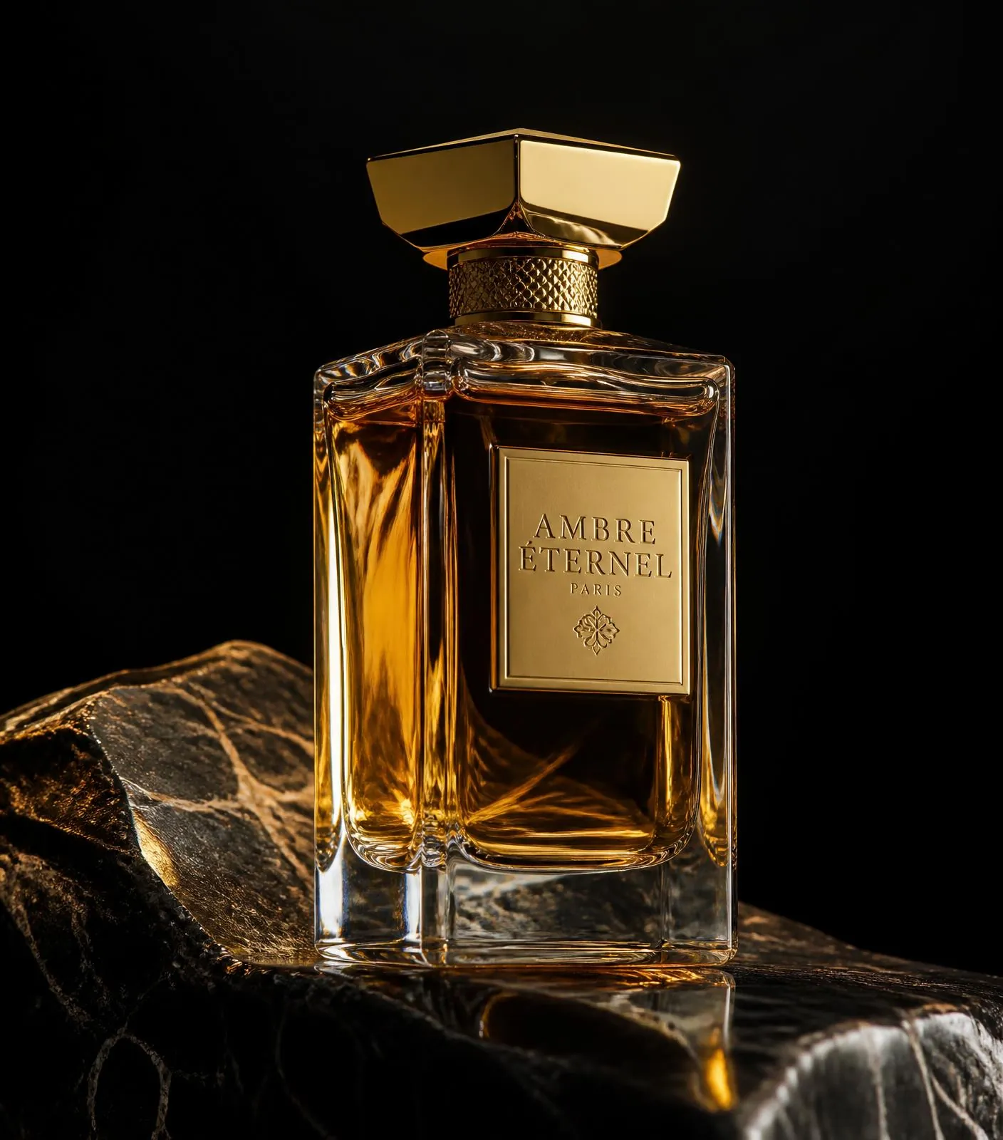 Faceted crystal perfume bottle with a gold cap resting on dark polished stone