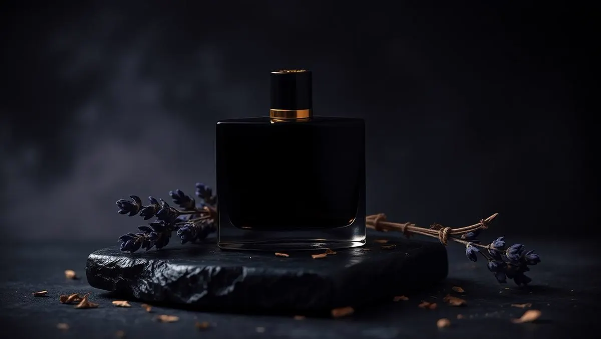 Dark editorial still life of a men's fragrance bottle on stone