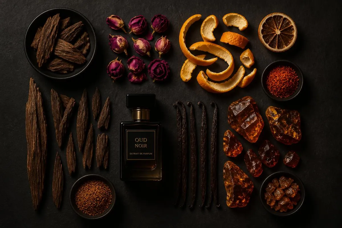 Oud wood, dried roses, citrus peel, vanilla pods and amber resin arranged on a dark surface