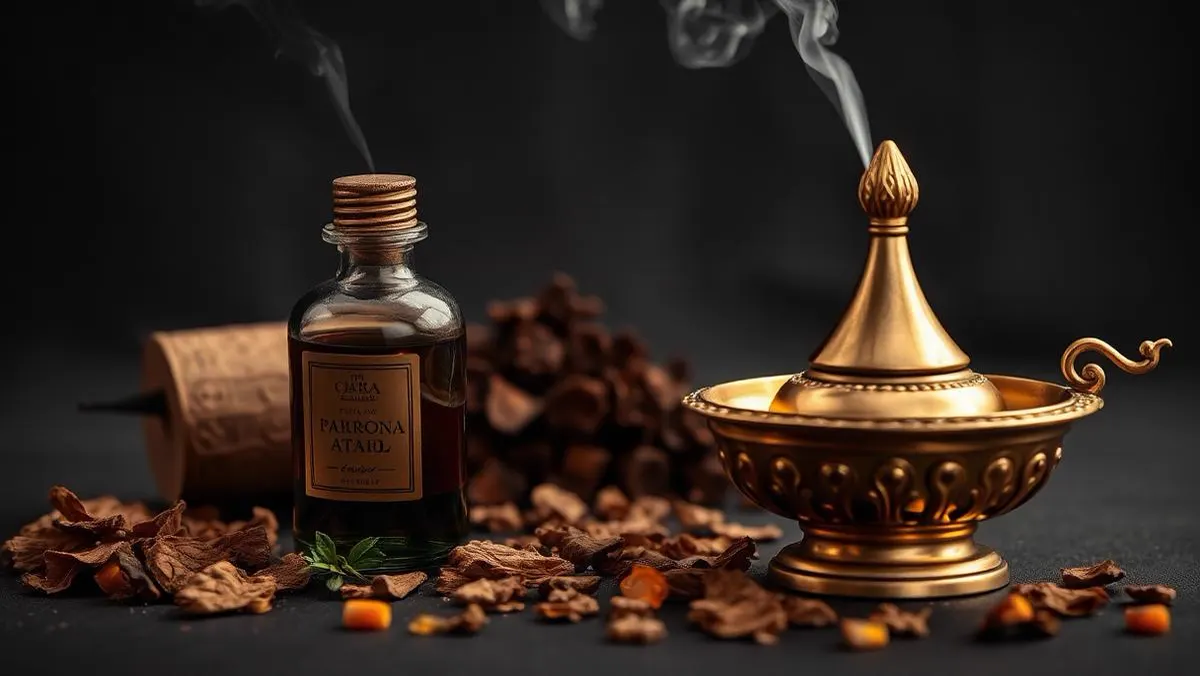 Oud wood chips, amber resin and an attar bottle beside a brass burner