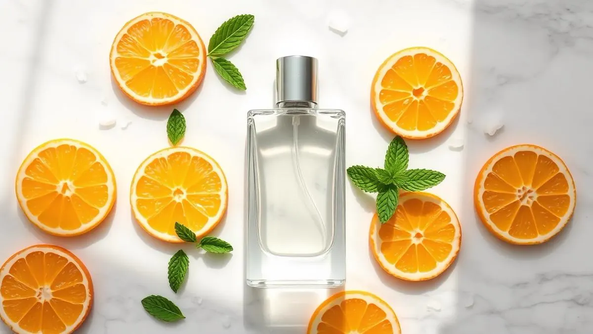 Clear perfume bottle among citrus slices and mint on marble