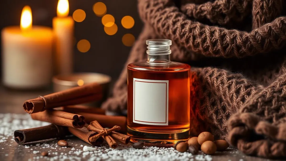 Amber perfume bottle with cinnamon, vanilla pods and a wool scarf