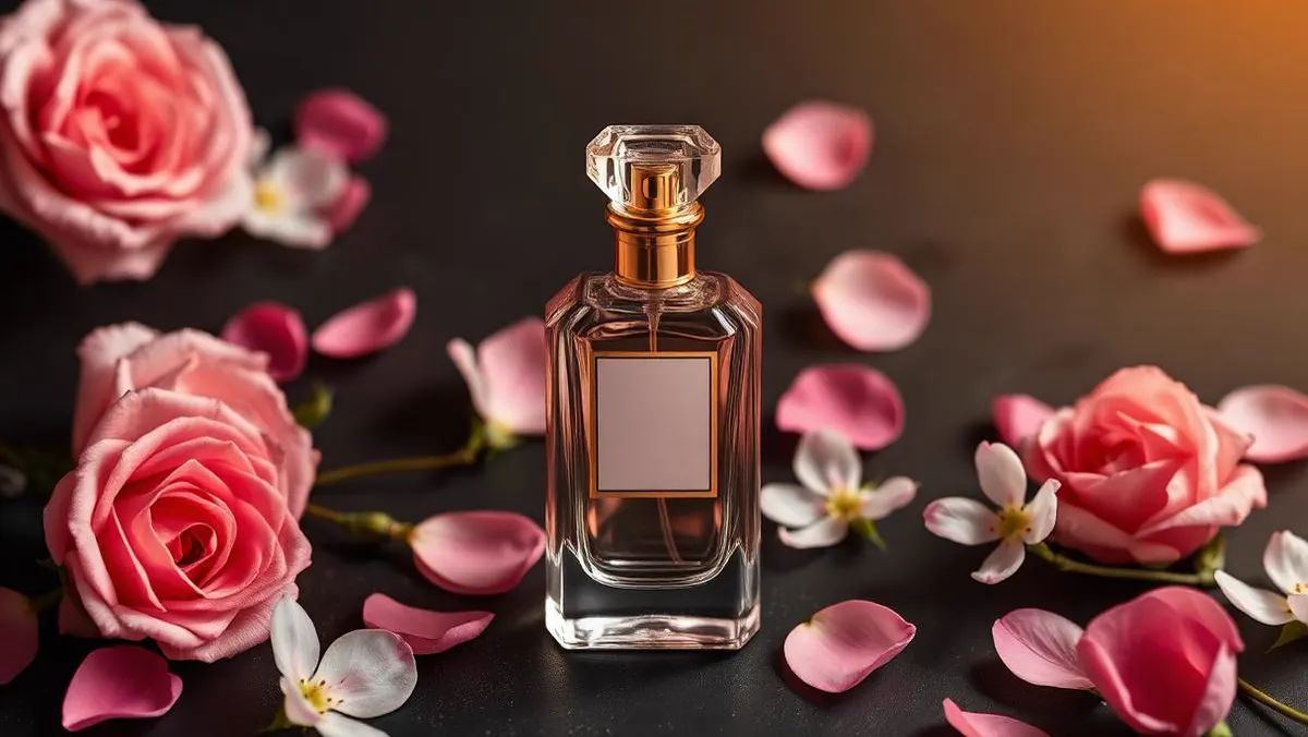 Soft editorial still life of a women's perfume bottle with petals